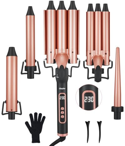 5 in 1 Hair Curler, Ohuhu Curling Wand with 2 Three-Barrel Curling Iron 3 Interchangeable Ceramic Barrels 9-32mm LED Display Temperature Adjustment Heat Protective Glove