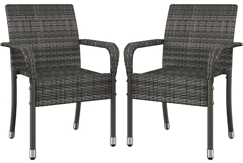 Abician Lot de 2 Chaises de Jardin en Rotin Synthétique Fauteuils Empilables d'Extérieur avec Accoudoirs Cadre en Métal Terrasse Véranda Balcon Salon Salle à Manger Gris