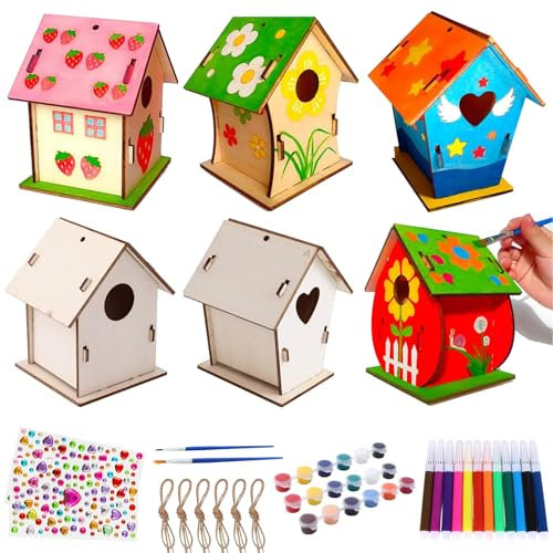QITIXI:OU 6 Stück Vogelhaus Bausatz für Kinder, DIY Holz Vogelhaus zum Bemalen Mit Farbform, Basteln zu Bauen und Malen, DIY Set Bastelset, Vogelhäuschen Bausatz Spielzeug Geschenke