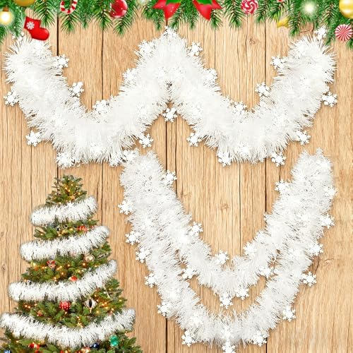 BlueXP Guirnalda Navideña Blanca 12M 5 Capas Guirnalda de Abeto con Copos de Nieve para Navidad Ventanas Barandillas Chimeneas y Marcos de Puerta Decoración Invernal Densa para Interior y Exter