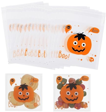 200Pcs Halloween Candy Bags Cookie, Clear Trick or Treat Bags Self Adhesive, for Halloween Party, Visiting Gifts (Single Pumpkin Pattern)