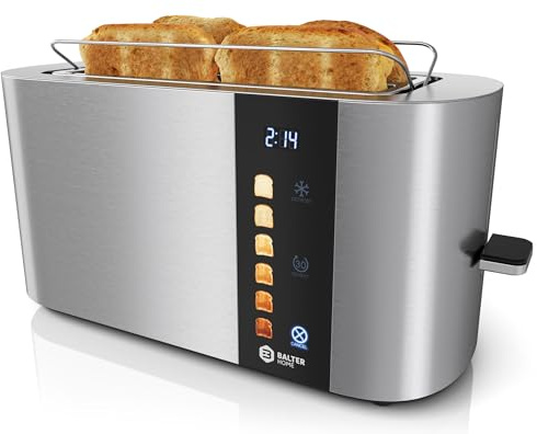Balter Toaster 4 Scheiben, Touch Bedienung, Langschlitz, Edelstahl, Brötchenaufsatz, LCD Display Langschlitztoaster, Auftaufunktion, Brotzentrierung, TS-34