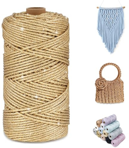 CAMAL Fil Polyester pour Sac au Crochet, Métallique Fil Macramé 2mm x 150m Étincelle Ficelle Macrame Corde pour Crochet Sac, Poupées, Macramé Mural, Décoration DIY (Or cuivré)