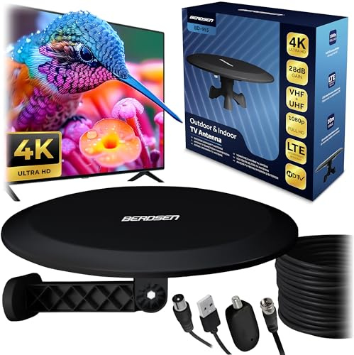 Berdsen DVBT2 Antenna con amplificatore 28 dB - Antenna da camera TV - Cavo da 10 m - 80 km LTE Filtro DVB-T DVB-T2 - Nero