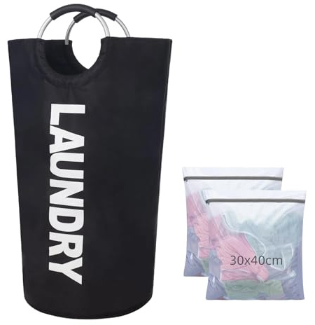 90L Large Laundry Basket, Bonus 2 Mesh Wash Bags,Reusable for machine washing clothes, socks, underwear, bras.Collapsible Laundry Bag, Freestanding Tall Clothes Hamper, Foldable Washing Bin