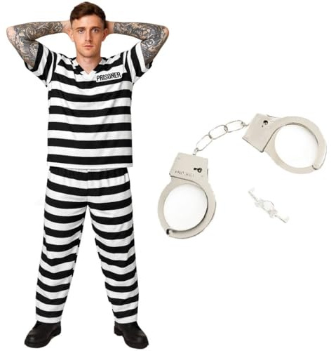 Disfraz de prisionero blanco y negro para adultos, traje de cárcel a rayas con puños y llave, disfraz de Halloween para adultos y adolescentes