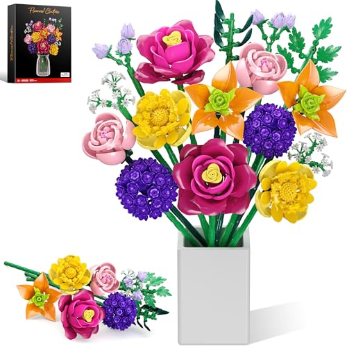 MOGZZi Kit de Construction de Bouquet pour Adultes, 16 Flowers Artificielles avec Roses, Cadeau pour Filles Enfants Anniversaires, Femmes, Fête des Mères, Confession de Saint-Valentin, 933 PCS