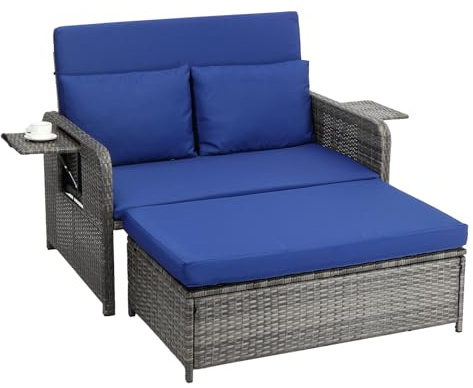 VINGLI Patio Daybed, Wicker Outdoor Daybed with Storage Ottoman & 5-Level Adjustable Backrest, All-Weather Rattan Cushioned Patio Loveseat Sofa for Garden Balcony Backyard (Navy, Gray)