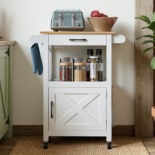 Bonnlo Kitchen Island on Wheels with Barn Door, Rolling Kitchen Trolley Cart with Drawer & Towel Rail, Mobile Storage Cabinet for Kitchen, Dining, Living Room, white
