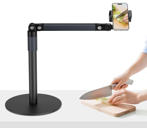 Mechprip Soporte Movil Mesa, 360° Ajustable y Plegable Soporte para Movil, Phone Holder con Base Resistente, para Videografía, Transmisión en Vivo, Cocinar y Pinta