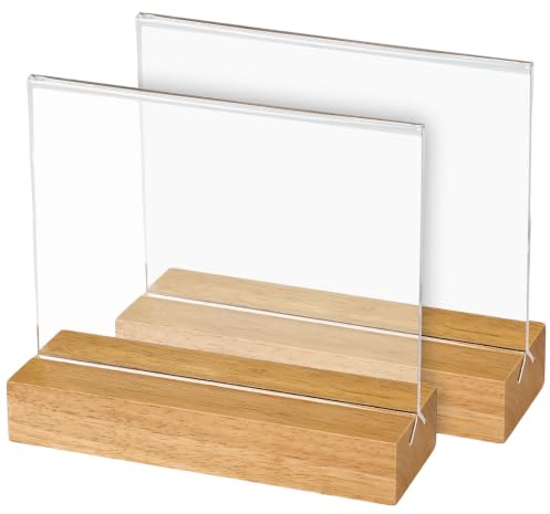 HMF Akrylbordsstativ i DIN A6 liggande format, bordskortshållare med massivt träfot av ek, 2 stycken, T-stativ, glasklar