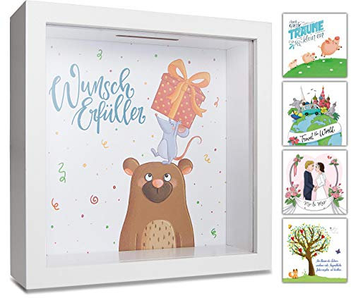 GLÜCKSWOLKE - Spardose Kinder, Motiv Wunscherfüller, Geldgeschenke Verpackung für Geburtstag, Geld Geschenk Geburt Baby, Sparschwein groß, 3D Bilderrahmen Sparkasse, Sparbüchse Junge Mädchen