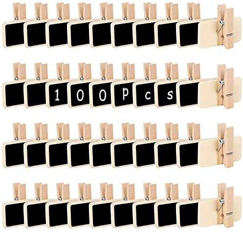 Mini Tableau Noir, 100Pcs Tableau Noir en Bois, Mini Panneau d'Affichage avec Pince, Mini Tableaux Mémo, Mini Tableau Noir Ardoise pour Mémo, Mariage Étiquette Alimentaire(Forme de Rectangle)