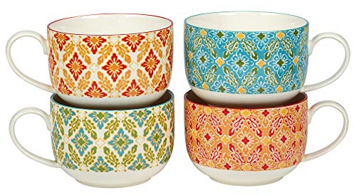 Damask Floral 28 oz. Jumbo Ceramic Cups, Set of 4 – Oversized Coffee Soup Mugs in Assorted Bold Patterns – Microwave & Dishwasher Safe – Great for Soup, Stew, Lattes, Snacks & Gifting