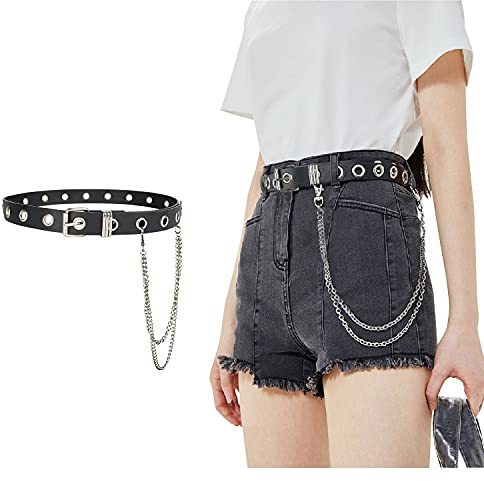 FIORETTO Grommet Leather Belt with Detachable Chain Women Men Punk Rock Waist Belts for Jeans Pants Single Holes (With Silver Chain)