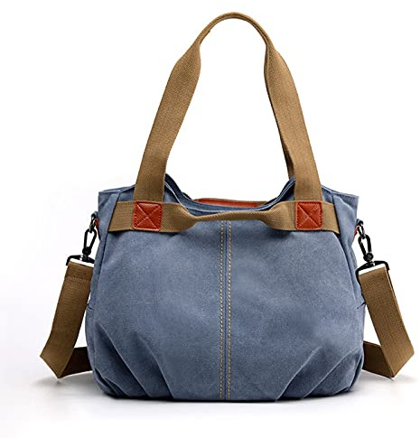 FANDARE Leinwand Handtaschen Schultertasche Damen Umhängetasche Vintage Frauen Arbeitstasche für Shopper Reisen Crossbody Messenger Bag Blau C