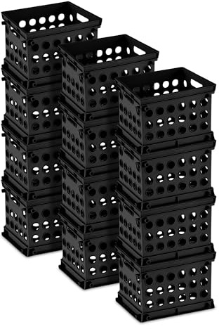 Sterilite Mini Crate, Stackable Plastic Storage Bin with Handles, Organize Home, Garage, Office, School, Dorm Room, Black, 12-Pack