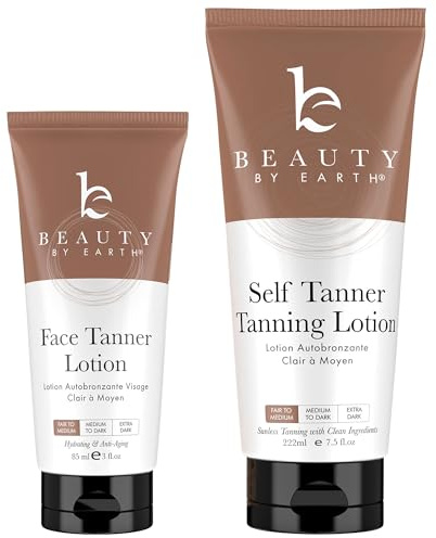 Self Tanner Face & Body - With Organic Aloe Vera & Shea Butter, Sunless Tanning Lotion, Bronzer Buildable Fair to Medium Tan, Fake Tan Self Tanners Best Sellers, 7.5oz (body) 3oz (face)