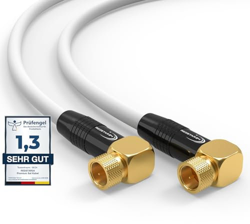 SAT Kabel 1m Satellitenkabel SAT TV Antennenkabel Digital Koaxialkabel Coaxial Internet 2x F-Stecker 90° Grad Gewinkelt Winkelstecker Router Modem Anschlusskabel HD 4K UHD DVB-S DVB-S2 Weiß,