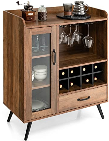 GIANTEX Aparador de Cocina Industrial, Mueble de Bar con Armario de Vino para 8 Botellas, Armario de Almacenamiento de Madera para Salón Cocina, Dormitorio, Entrada, Marrón