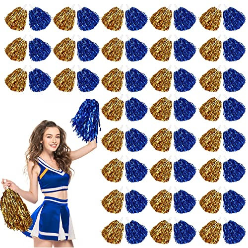 60 Pcs Cheerleading Pom Poms Cheer Pompoms Metallic Foil Pompoms with Plastic Handles for Cheering Squad Team Spirited Sports Dance(Gold, Blue)