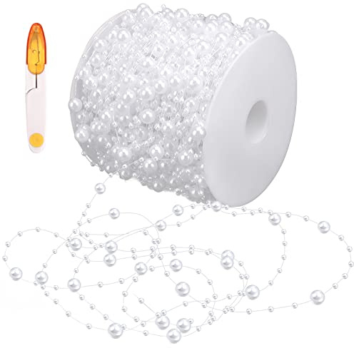 60 Metri Ghirlanda di Perle Bianco, Catena di Perle Artificiale con Forbici, Fili Perline Ghirlanda di Perle Fatta a Mano DIY per Matrimonio, Bouquet da Sposa, Decorazione per Feste Compleanni
