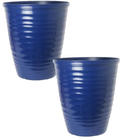 Fyne-Finds Set of 2 Blue Gloss Plastic Plant Pot 28cm, 11inch Tall Round Garden Weatherproof, Drainage Hole Planter