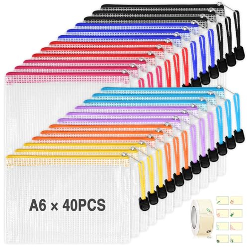 Tufa 40 PCS Bolsa de Archivo de Cremallera A6, Impermeable Bolsas de Documentos de Malla, Impermeable Carpeta Fundas Plástico para Suministros de Oficina, Documento, Papeles Pequeños Objetos