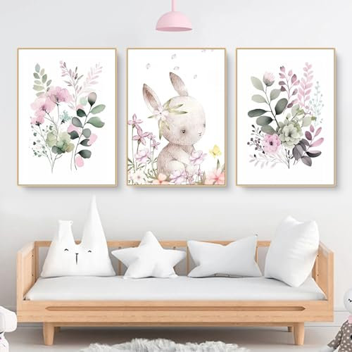 Herfair Bilder Kinderzimmer 3er Set, Kaninchen und Blatt Blume Bilder, Wandbilder Deko Hase Bilder Kinderzimmer Mädchen und Jungen Babyzimmer Deko, Ohne Rahmen (30x40cm)