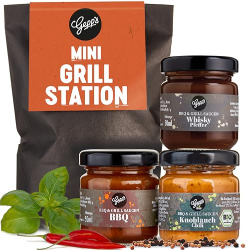 Gepp’s Feinkost Wundertüte Mini Grillstation I Grill-Geschenke für Männer mit BBQ Grillsauce, Whsikey Pfeffer Sauce & Knoblauch Chili Sauce I Grillgewürze Geschenkset mit Anhänger