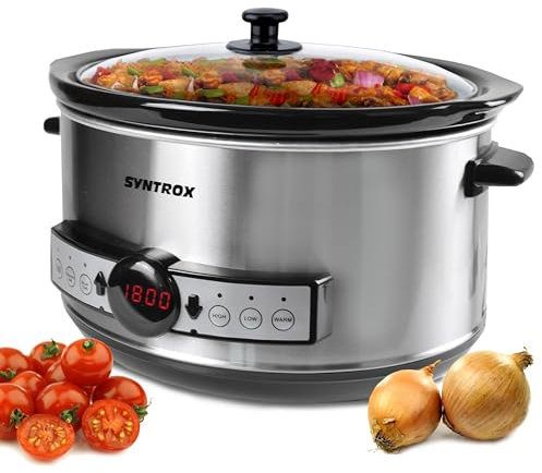 Syntrox 4,5 l Slow Cooker | Schmortopf | Schongarer | Multikocher Snittai, Edelstahl Küchengerät, mit Glasdeckel, Praktisches Küchenzubehör, 280 Watt