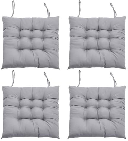 DKIEI 4er Set Stuhlkissen mit Bändern, Bequemes Sitzkissen 40x40 cm Stuhlauflage für Bürostuhl, Gartenstuhl, Balkonstuhl, Sitzpolster Indoor & Outdoor für Esszimmer, Wohnzimmer, Studierzimmer Grau