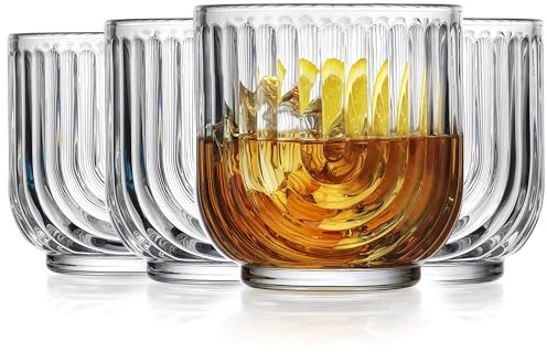 Glaver's Vintage Glassware Art Deco Glasse Ribbed Drinking Glasses U-Shape Arch Design Colored Cocktail Kitchen Tumblers Everyday Dinner Decorative Party (Clear S/4 11oz)