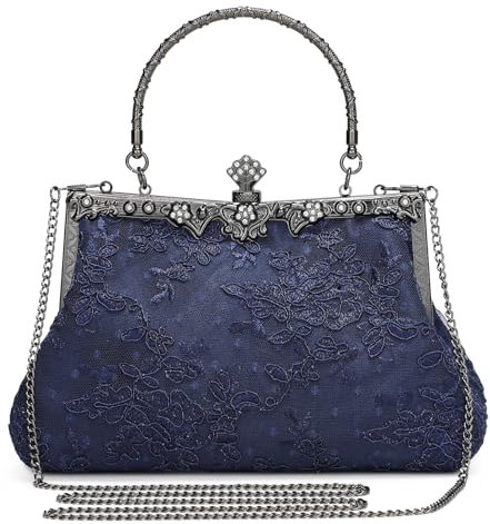 BAIGIO Clutch Damen 1920s Abendtaschen Damen Vintage Clutch Kleine Tasche Floral Elegant Handtasche Umhängetasche für Party Hochzeit Brauttasche Spitze Kettasche Navy