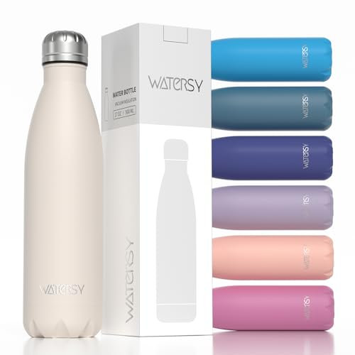 WATERSY Stainless Steel Insulated Water Bottle, Double Walled Metal Vacuum Flask Keep 24 Hrs Cold & 12 Hrs Hot Thermal Metal Sports Bottles 500ml BPA Free for Outdoor, Work, Gym, School (Ivory Beige)