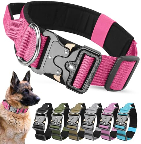 AKOFIC Collar Táctico Perro con Mango de Control, Ajustable Collar Perro de Nailon Acolchado con Hebilla de Metal para Perros Medianos de Grandes Caza Al Aire Libre Entrenamiento (Rojo Rosa, L)