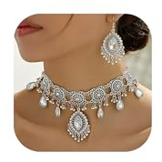 Zinx Jhumkas Set di orecchini indiani lunghi e tradizionali gioielli da donna, accessori regalo per festa di nozze, Metallo, Nessuna pietra preziosa