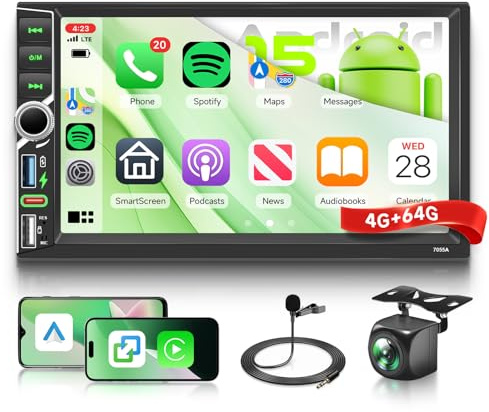 Hodozzy 4G+64G Autoradio Android 2 Din con Carplay Wireless Android Auto, Stereo Auto Touchscreen 7 Pollici Schermo con Navigatore GPS WiFi DSP Bluetooth Mirror Link FM/RDS USB/Tipo C+ Retromarcia