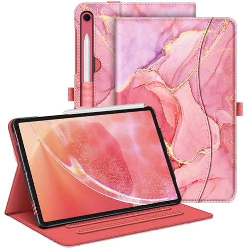 FINTIE Coque pour Samsung Galaxy Tab S10 Lite 10.9 Pouces 2025 et Galaxy Tab S10 FE/S9 FE 10.9”/S9 11”, Housse Multipositions, Etui avec Poche de Document, Sommeil/Réveil Auto, Marbre Rose