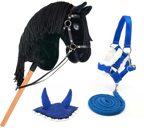 Hobby Horse Negro A3, Caballo Bastón Completo con Red, Mors, Riendas, Cabestro y Gorro Antiinsectos Azul. Cabeza de caballo palo para Hobby Horsing Niños y Adolescentes – Black Star