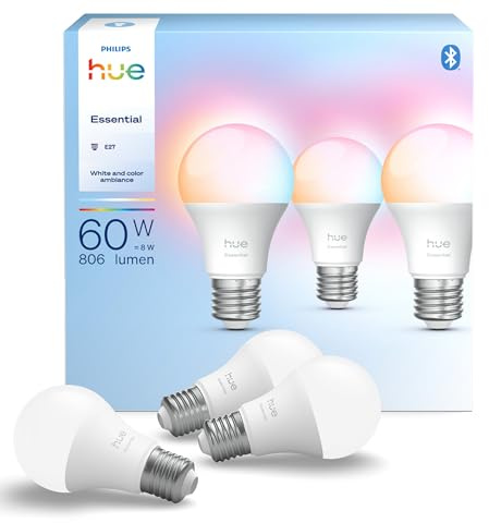Philips Hue Essential smart lampa, White and color ambiance, E27, 806 lm, 3-pack – Röststyrning, Ställbar Färg, Kompatibel med Hue