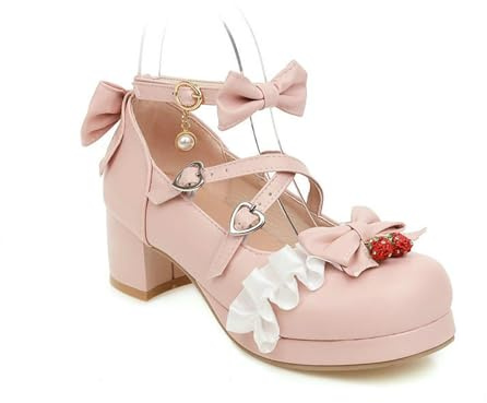 HFWXYSA Mary Jane Lolita - Décolleté Vintage da Donna con Tacco Alto e Fiocco e Plateau in Pizzo,Rosa,44 EU
