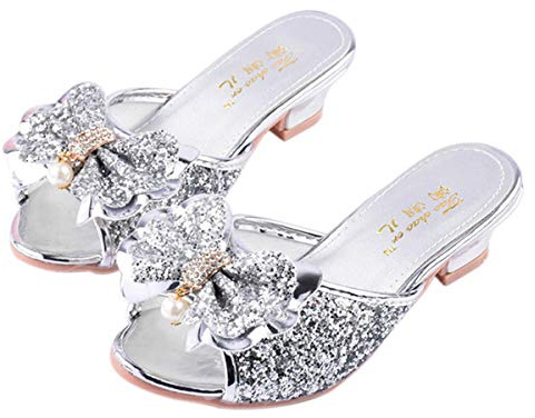 Monissy Sandale à Talon Haut Mules Bouche de Poisson Argenté Paillette Noeuds Métal Crystal Incrusté Perle Fille Princesse Déguisement Chaussures de Danse Noël Halloween, Argent, 31 EU