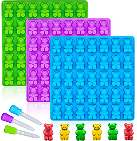 WARM TIME Large Gummy Bear Mold 4 ML, Non-Stick Silicone Candy Chocolate Molds Ice Cube Moulds BPA-Free with 3 Droppers, Set of 3