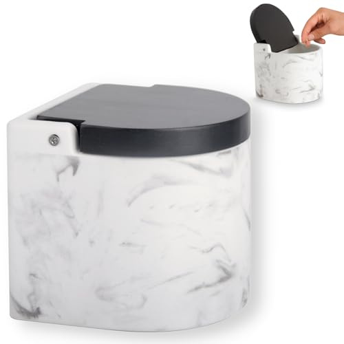 KOOK TIME saleros de cocina con tapa de madera de bambú basculante - Salero de cocina con base cerámica efecto marmol para usar como salero y azucarero o especieros, 11.5 x 11.5 x 11.4 cm