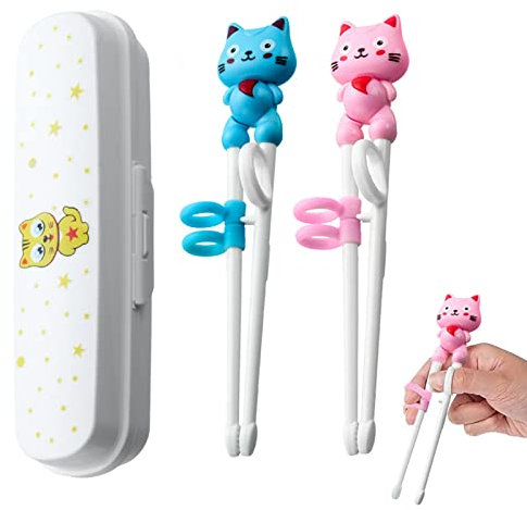 Confezione da 2 bacchette per principianti con assistente adatte a principianti, anziani, bacchette per bambini, bacchette cinesi posate per bacchette per animali carini, blu + rosa…