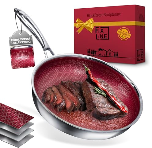 FIXLINE® Black Forest Design Poêle à servir 28 cm - Edition Rouge - Revêtement anti-rayures - Tous feux y compris induction - Résistant au four jusqu'à 250 °C - Nettoyage facile