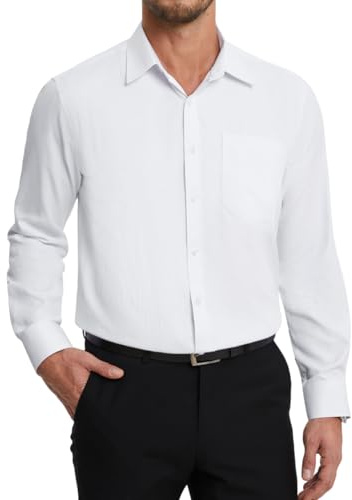 HISDERN Camisas Hombre Manga Larga de Vestir Formal Camisa Blanca Hombre Boda de Algodón con Bolsillo Botones Regular Fit Elegante Negocios 3XL