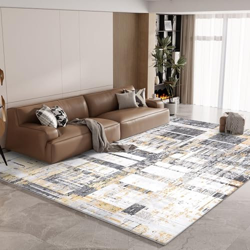 Vamcheer Alfombra de Salón, 120×170 cm Esponja Gruesa y Suave Tipo Cachemira, Alfombra Moderna Abstracta Lavable y Antideslizante para Sala de Estar y Dormitorio,Decoración de Interiores,Amarillo/Gris