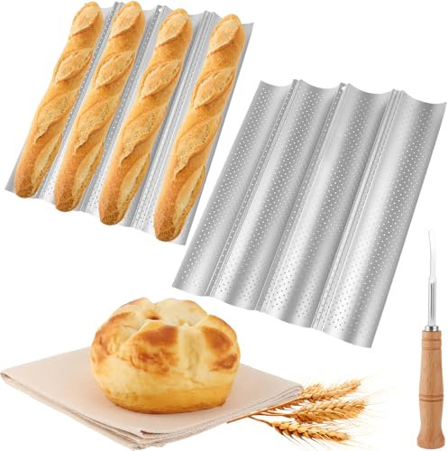 SHUESS 2 Baguette Baking Tray Non-Stick with Dough Cloth and Bread Knife - Baguette Baking Mould Made of Carbon Steel for 4 Baguettes per Mould - Baguette Mould Bread Baking Tray Baguette Tray Baking
